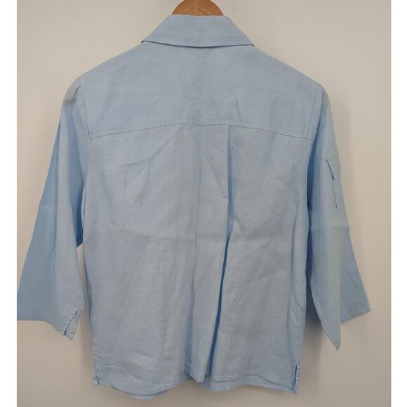 100% Linen Relativity Blue Button Down 3/4 Sleeve Women's Semi-Sheer Top Size M - Picture 3 of 5